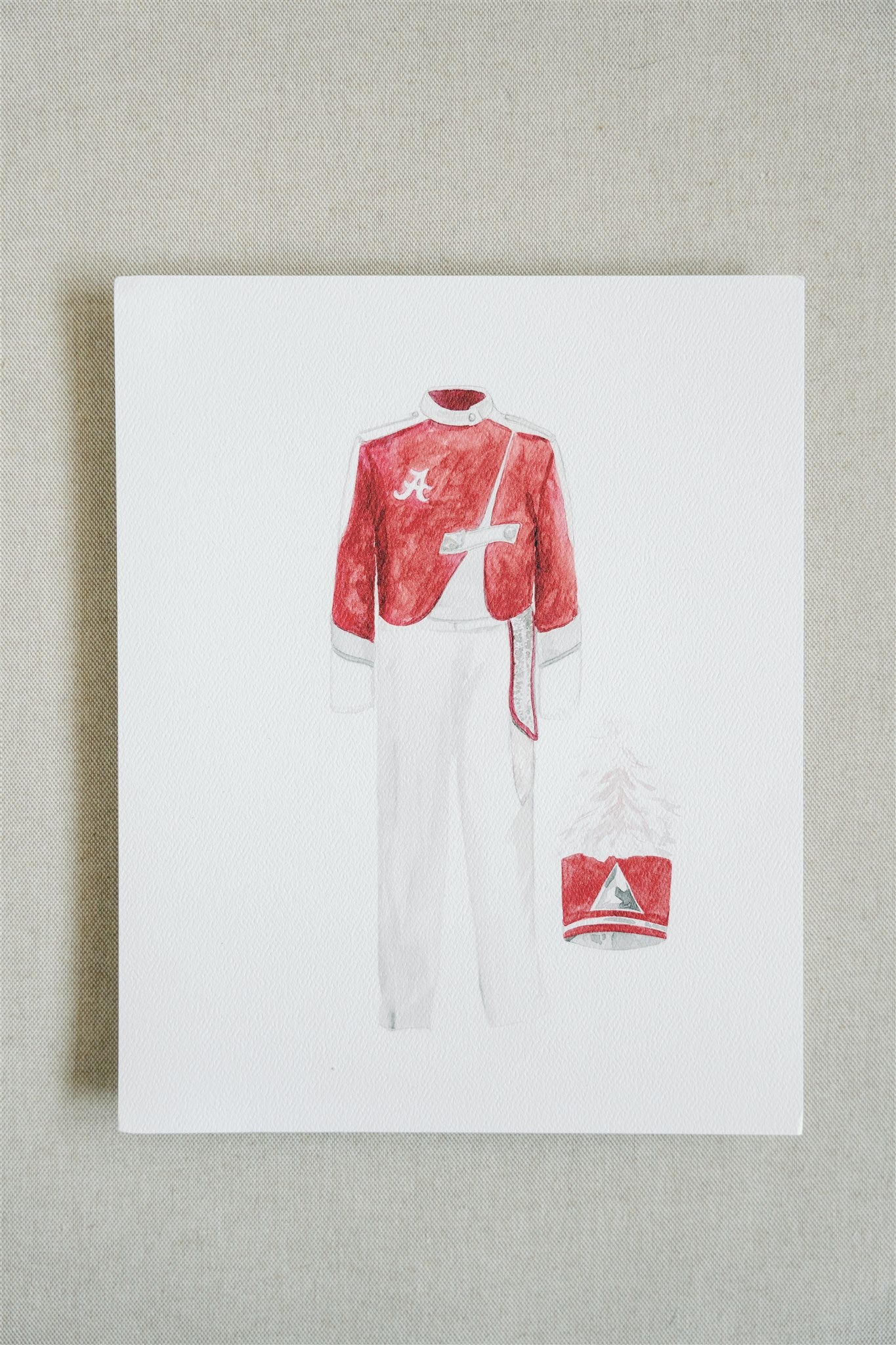 Watercolor print of the University of Alabama Million Dollar Band Uniform.