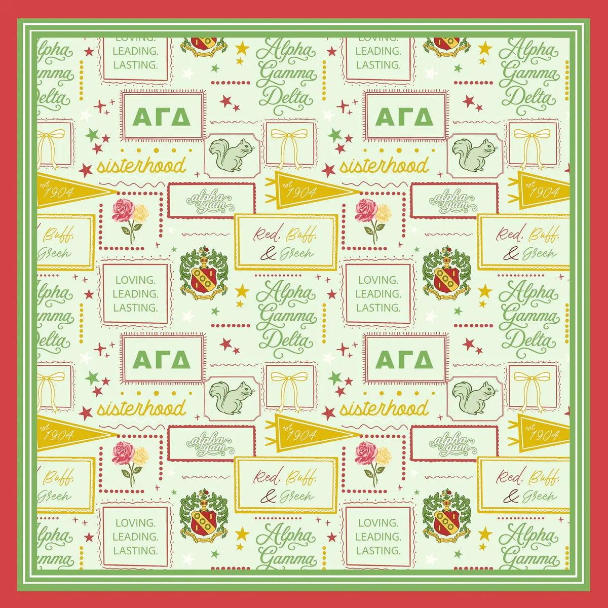 A square fabric or paper pattern design featuring the Alpha Gamma Delta sorority theme, with repeating text, logos, floral elements, and decorative borders in green, red, and gold.