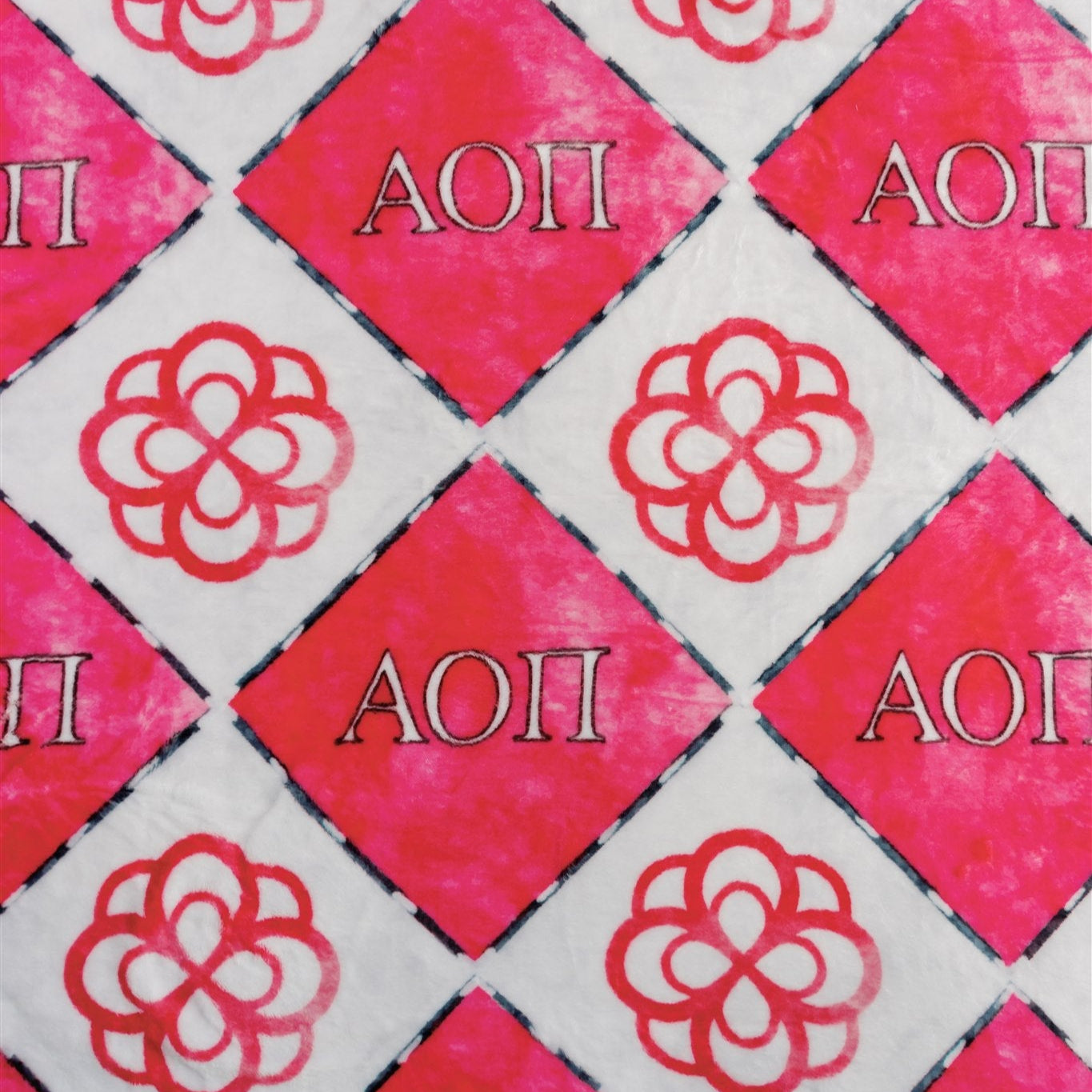 Pattern with red and gray squares and 'AOI' text on a fleece blanket
