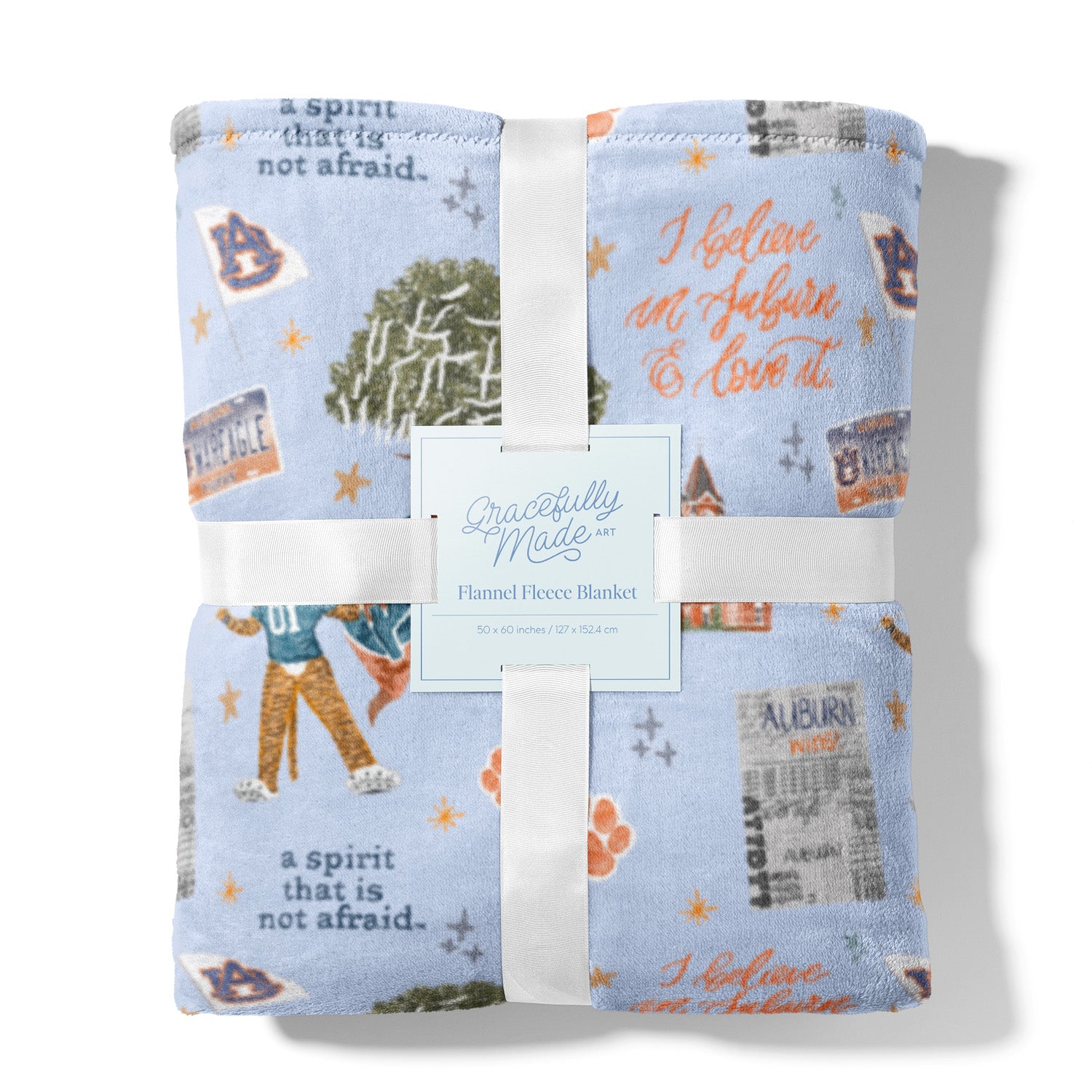 Light blue fleece blanket with watercolor Auburn University symbols.