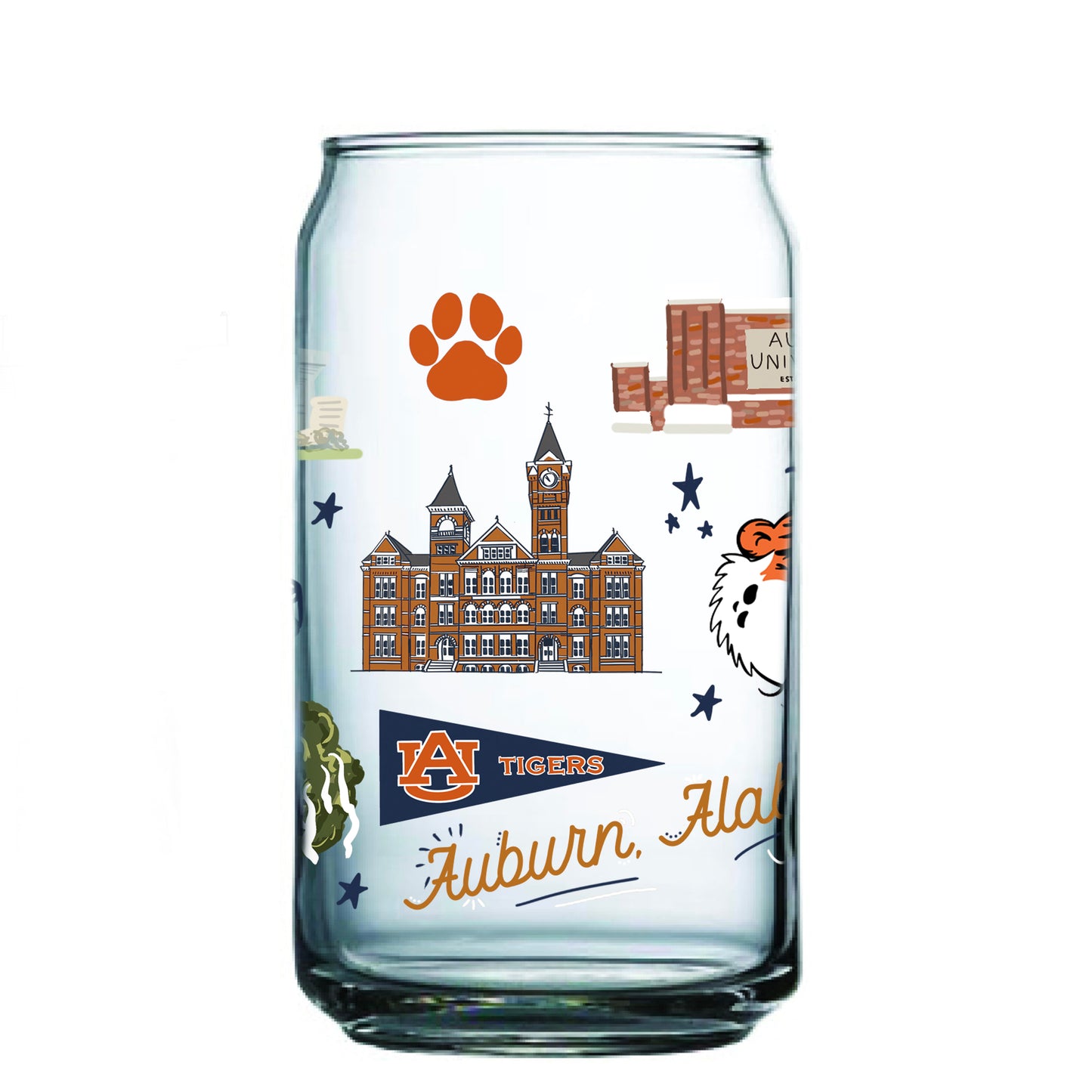 Glass Cup Showcasing Auburn University Landmarks & Icons