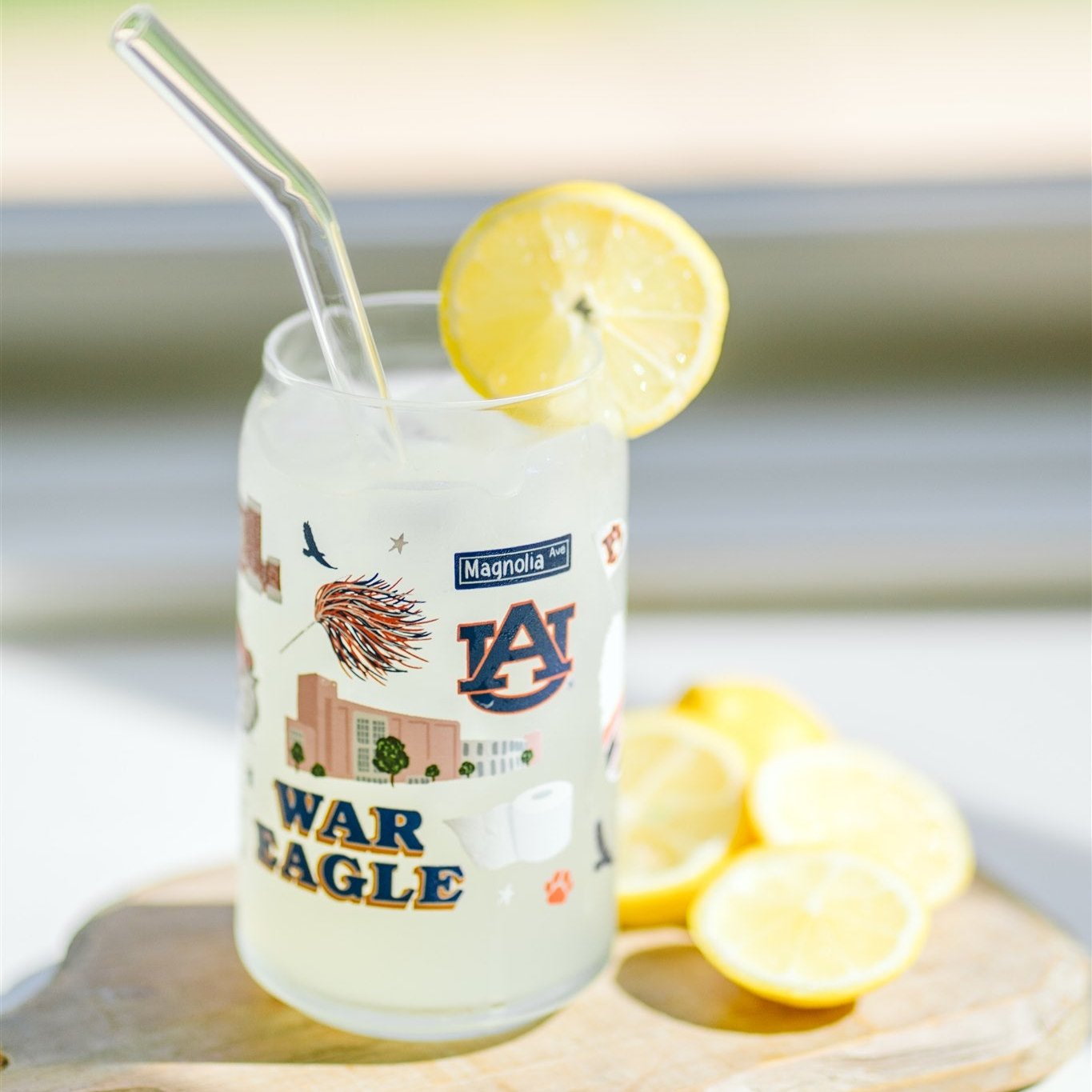 Glass Cup Showcasing Auburn University Landmarks & Icons