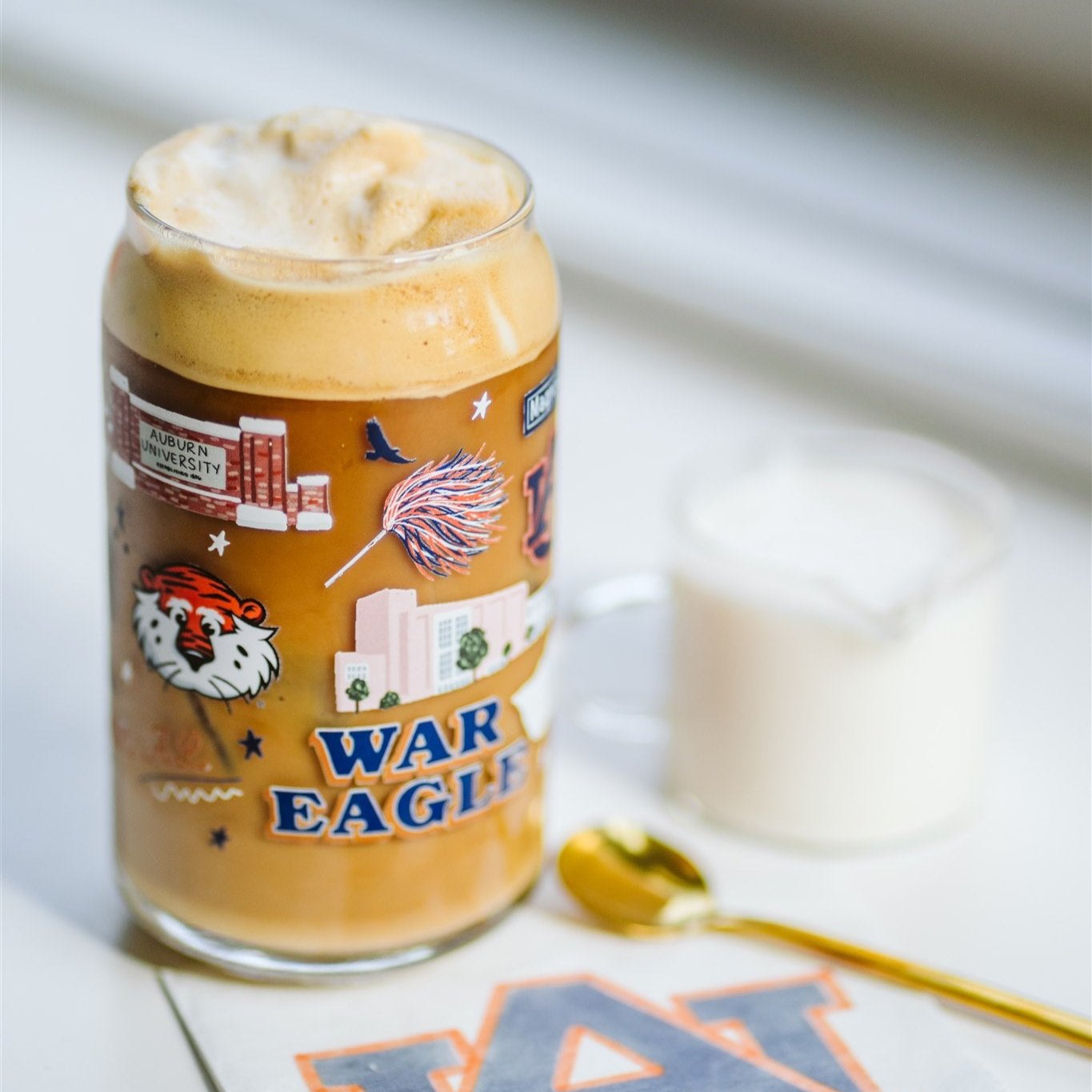 Glass Cup Showcasing Auburn University Landmarks & Icons