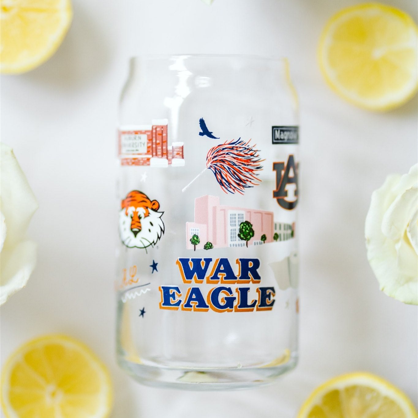 Glass Cup Showcasing Auburn University Landmarks & Icons