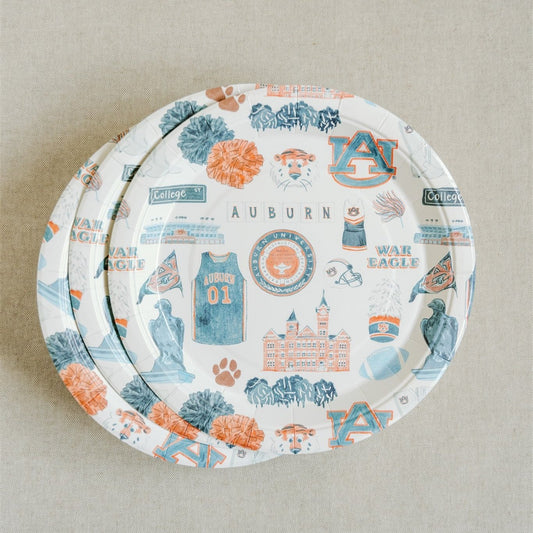 Paper Plates with watercolor Auburn University landmarks & icons.