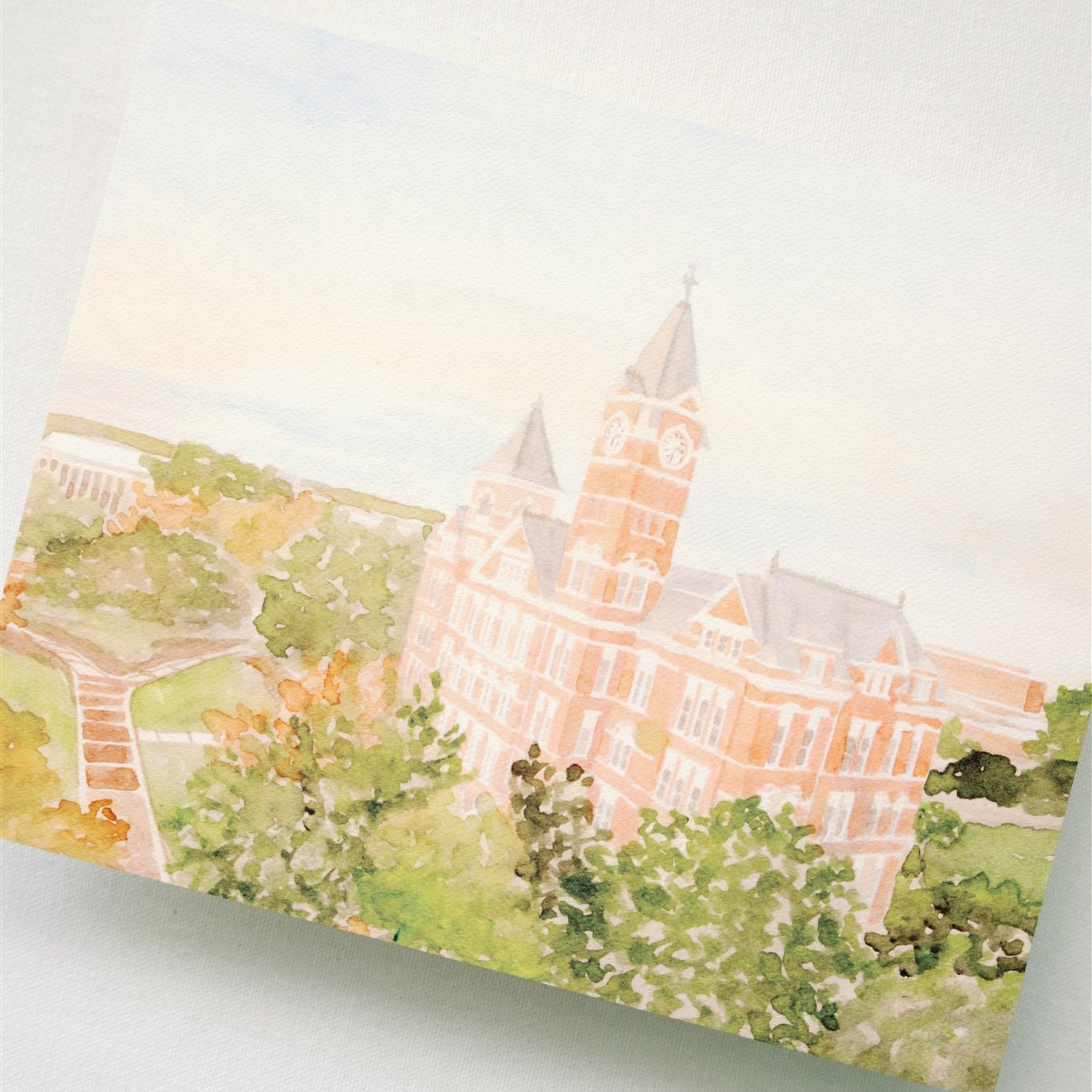 Watercolor illustration of Auburn University's Samford Hall from an aerial view