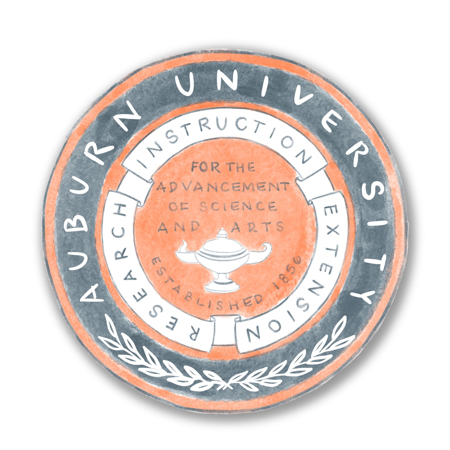 Sticker of watercolor painting of the Auburn University seal.