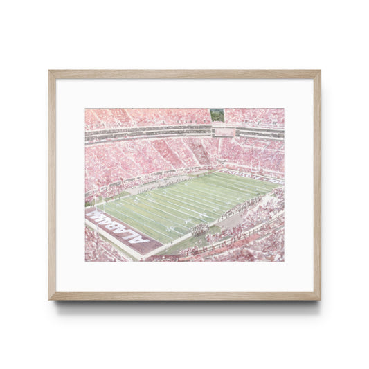 Watercolor print of the inside of University of Alabama's Bryant Denny Stadium.