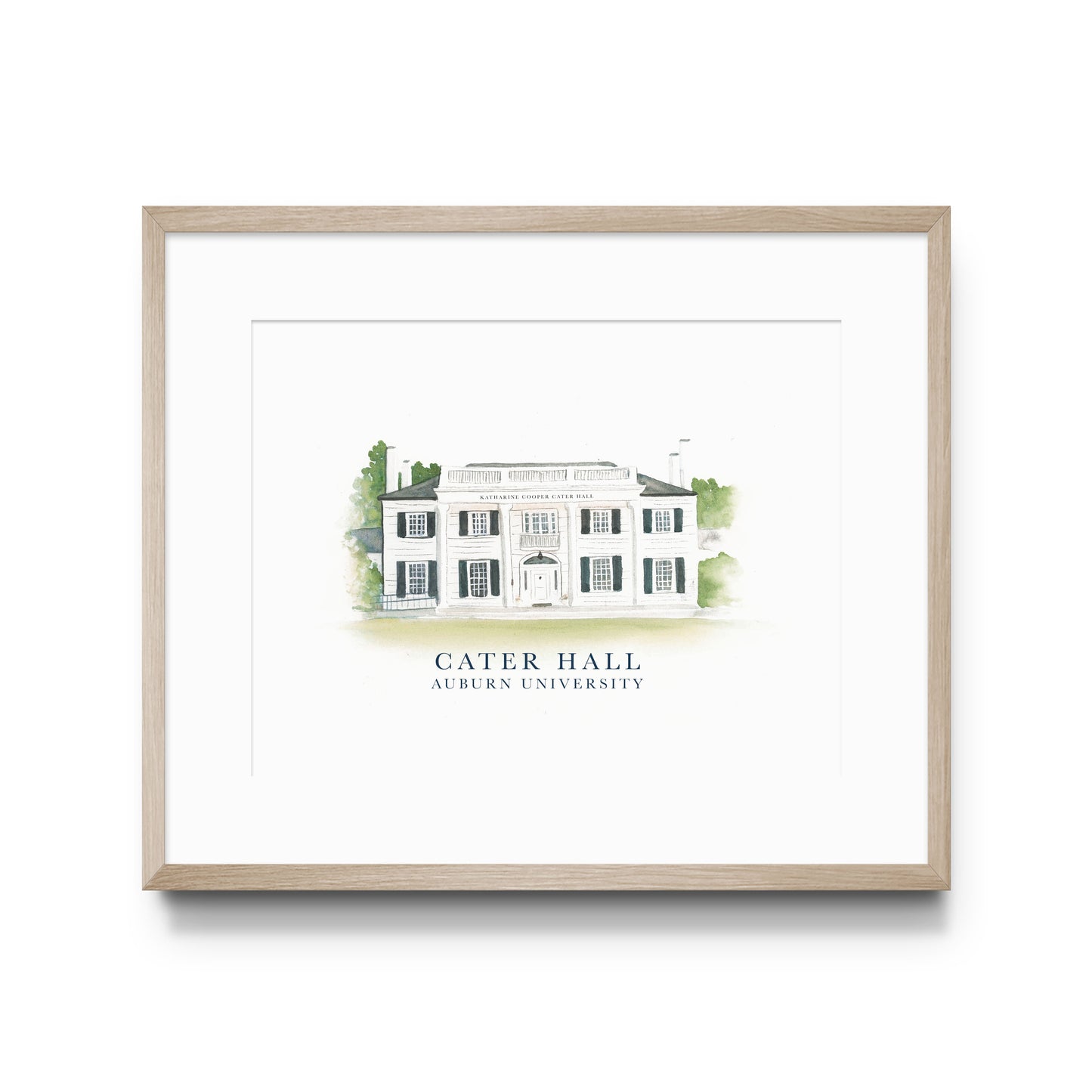 Watercolor art of Auburn University's Cater Hall.