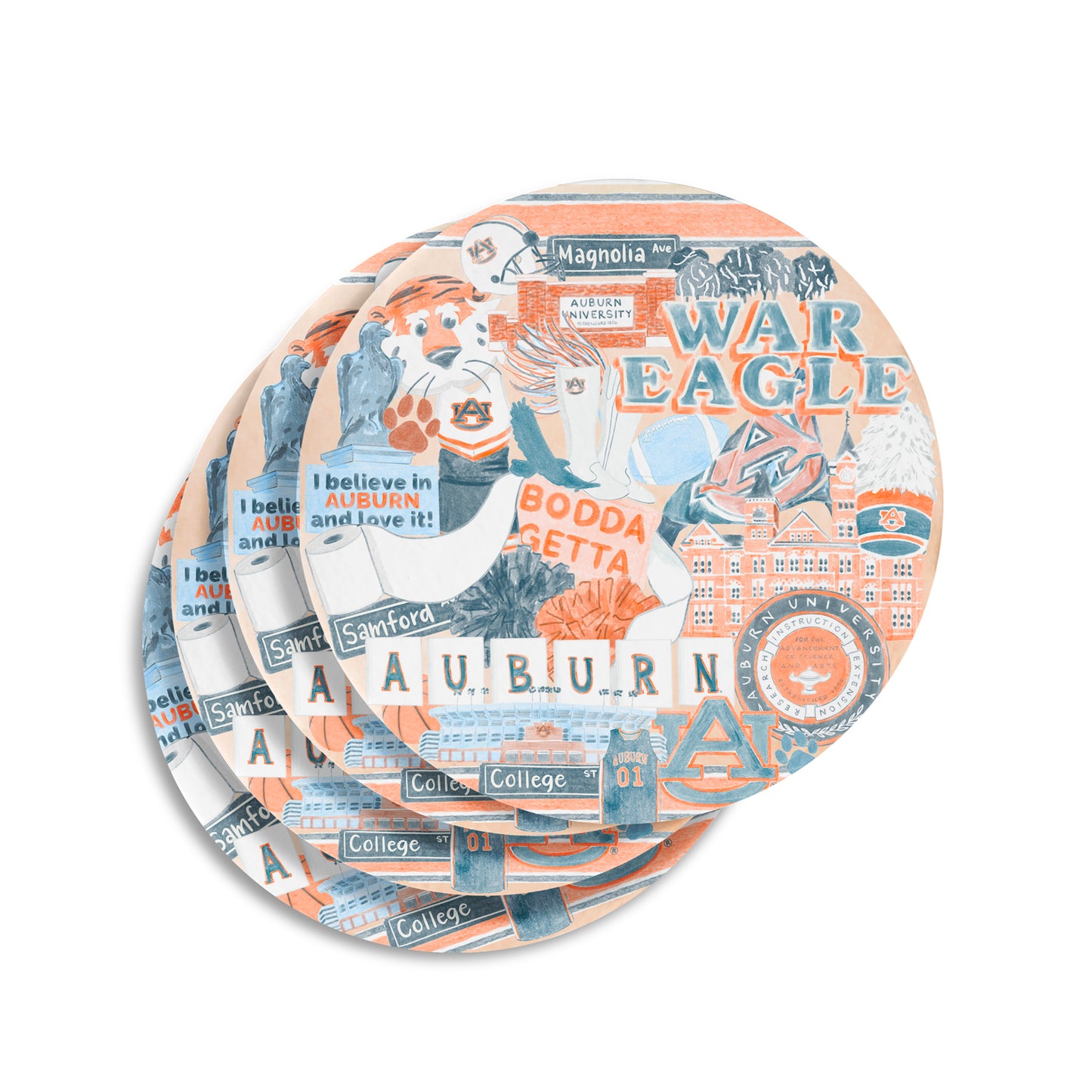 Ceramic coasters with a collage of watercolor illustrations of Auburn University landmarks and icons.