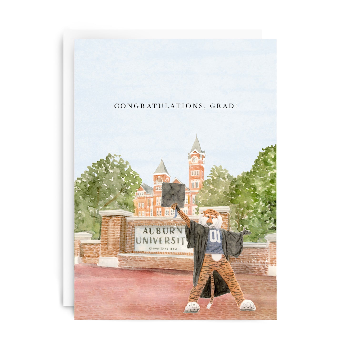 Greeting card with watercolor illustration of Aubie in front of Samford Lawn.