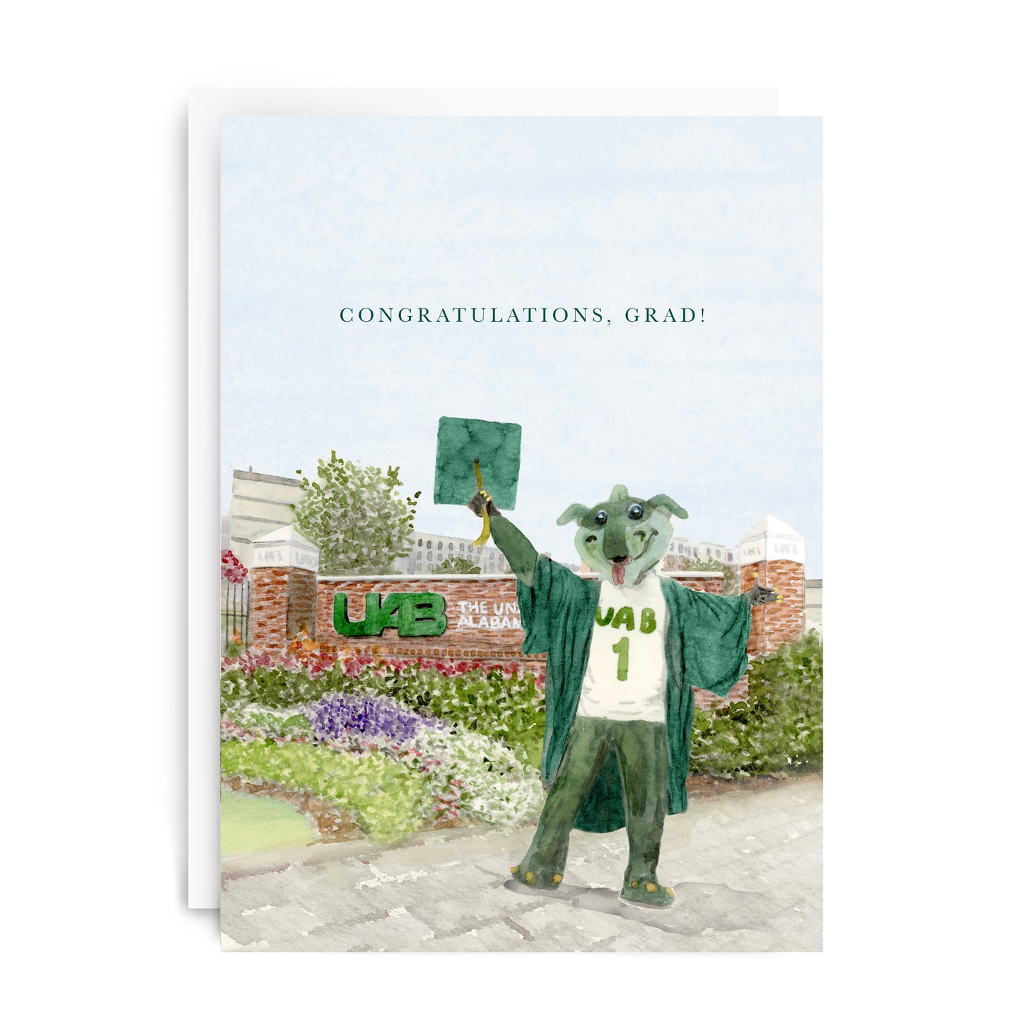 Greeting card with watercolor art of the UAB mascot and sign on it.
