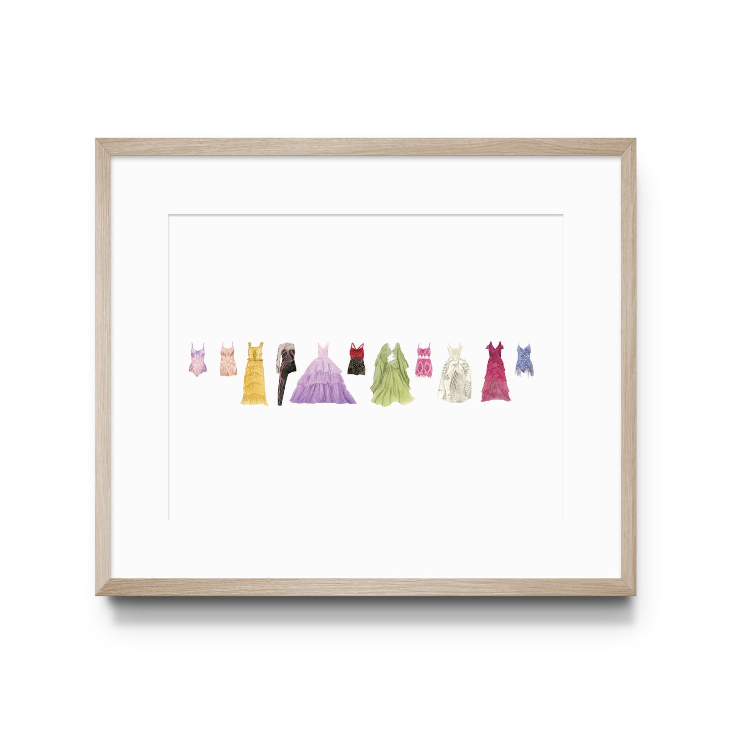 Watercolor art print of the Taylor Swift Eras Tour costumes in a line on a while background.