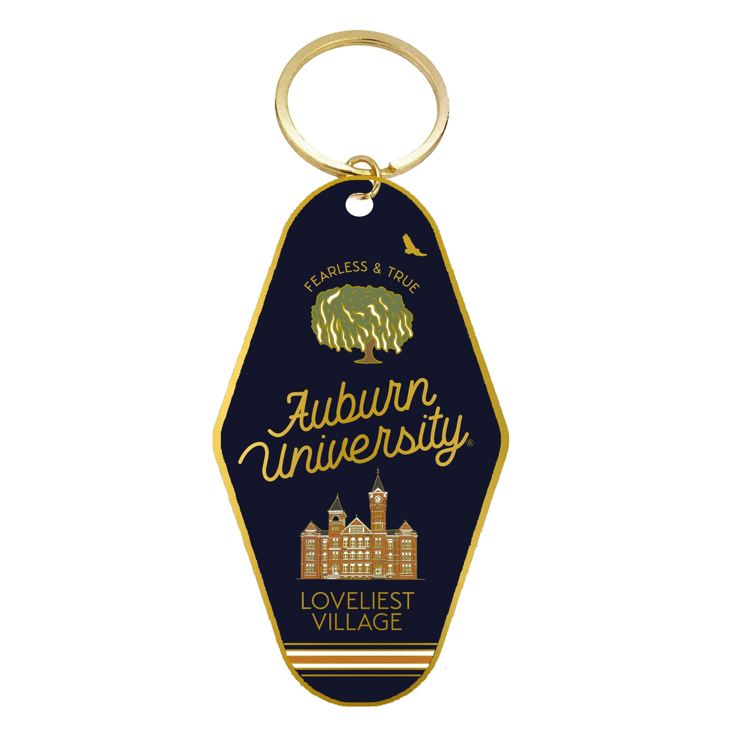 Navy blue enamel keychain on a gold chain with Auburn University written on it.