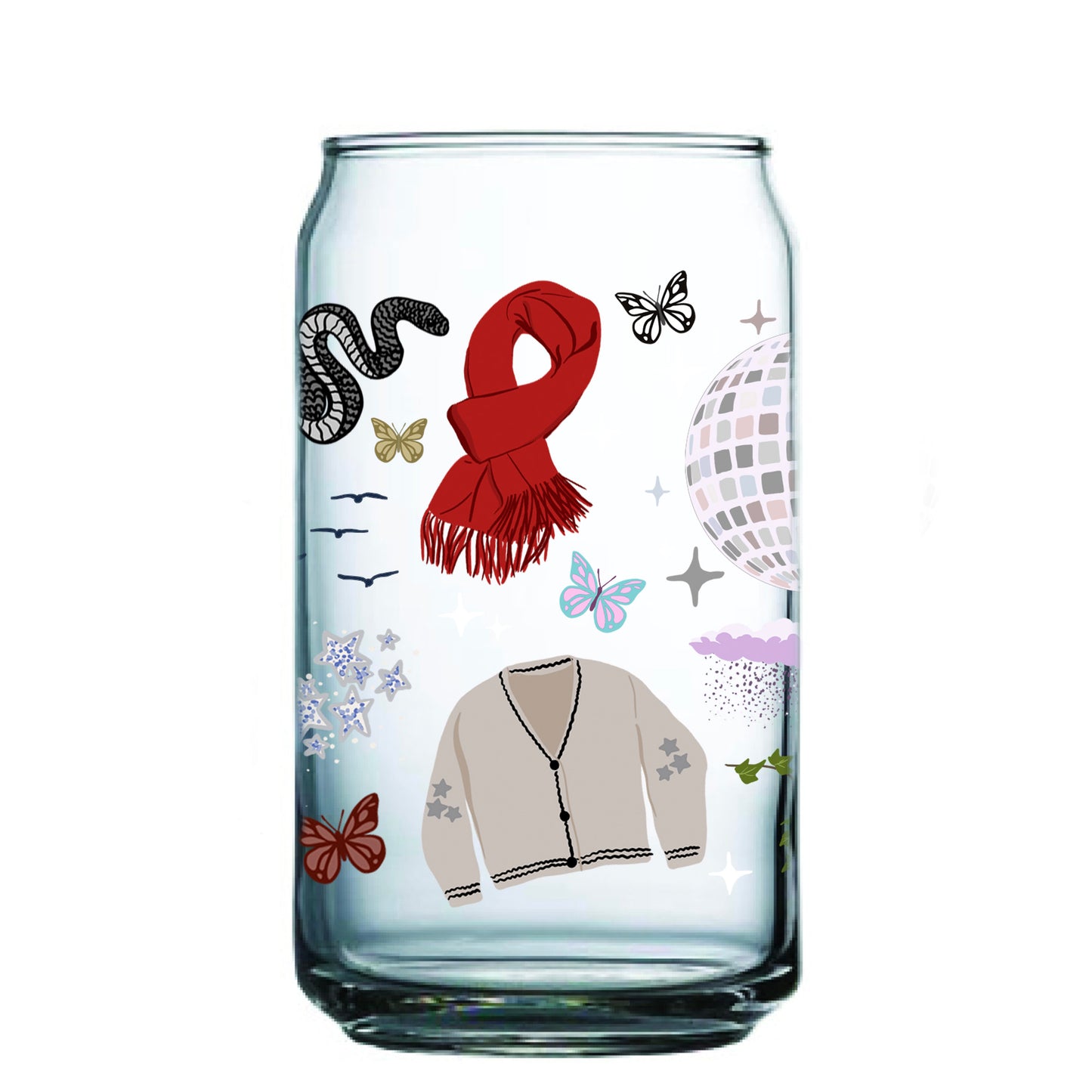 Clear glass with Taylor Swift symbols on it.