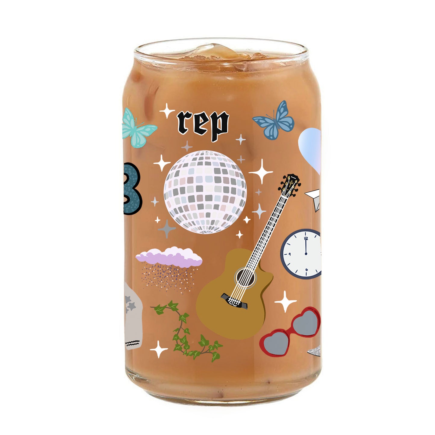Clear glass with Taylor Swift symbols on it.