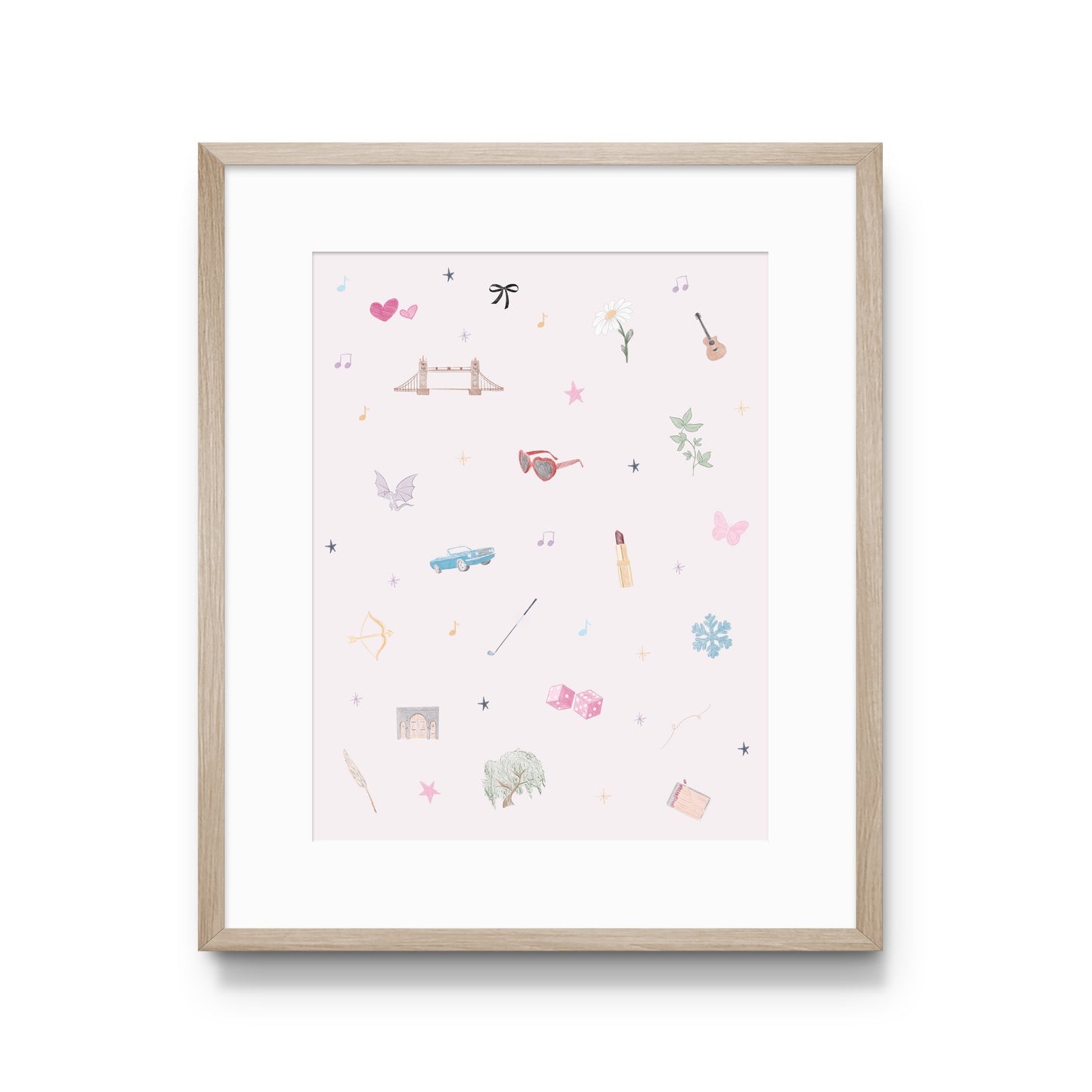 Watercolor collage of Taylor Swift symbols with a light pink background.