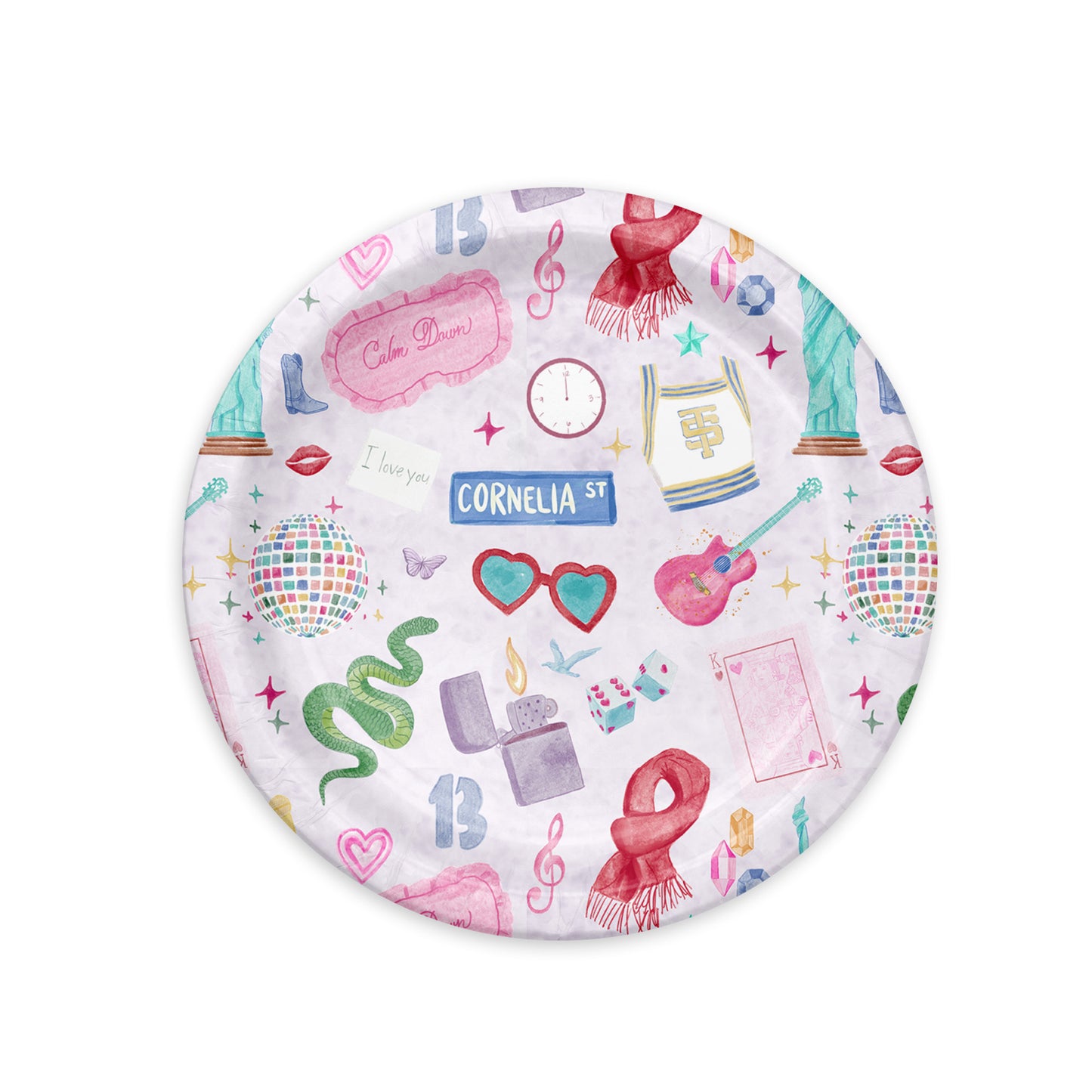 Light purple paper plate with original watercolor art of Taylor Swift icons.