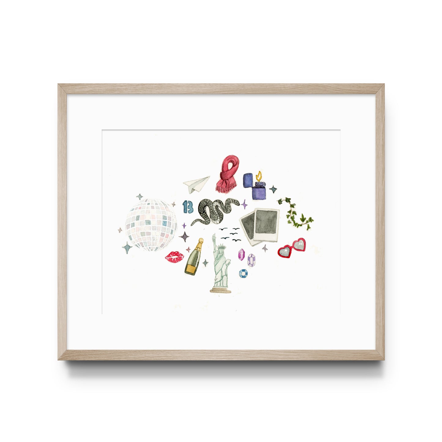 Watercolor illustrations of popular Taylor Swift inspired symbols on a white background.