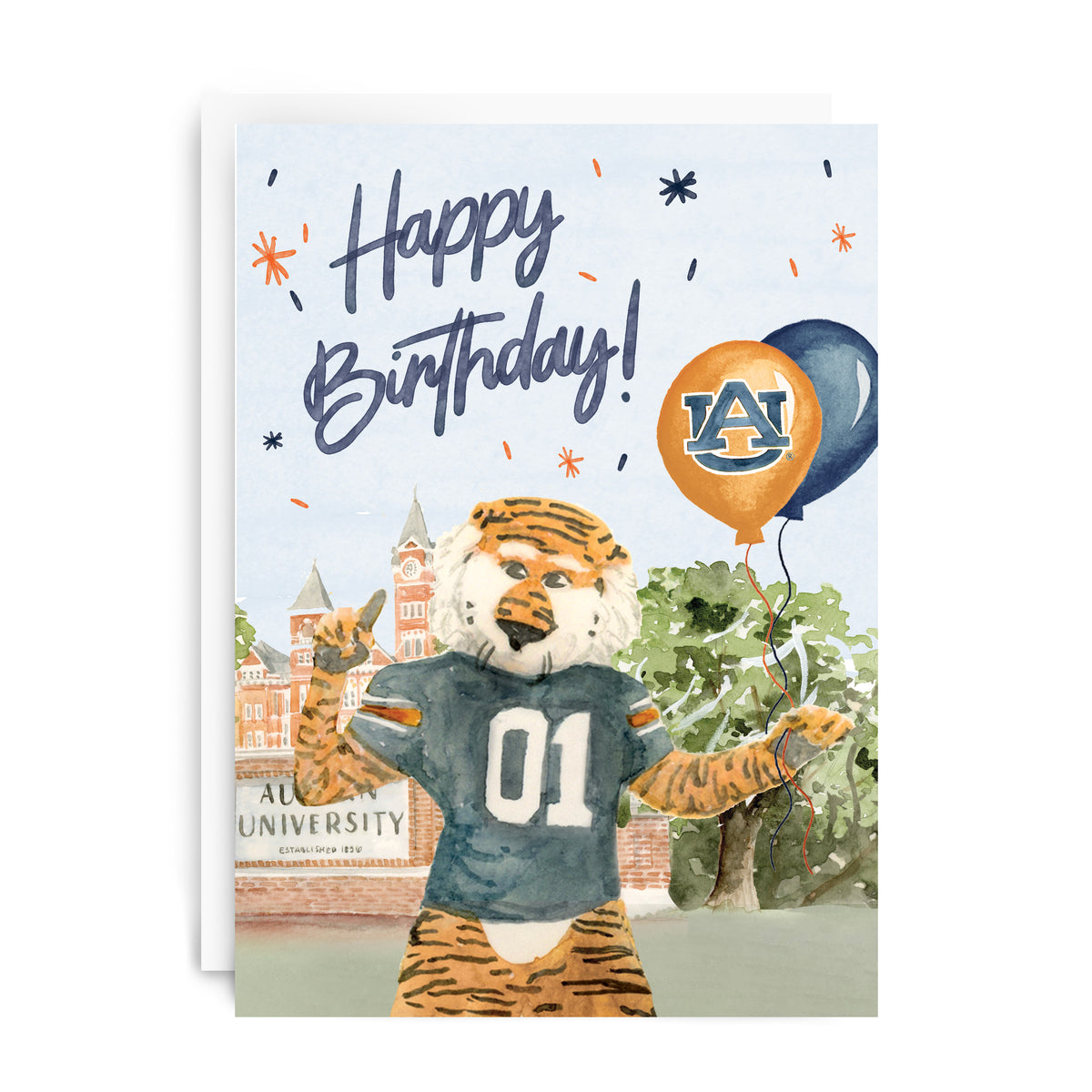 Card with the Auburn University tiger mascot holding balloons and text saying 'Happy Birthday.'