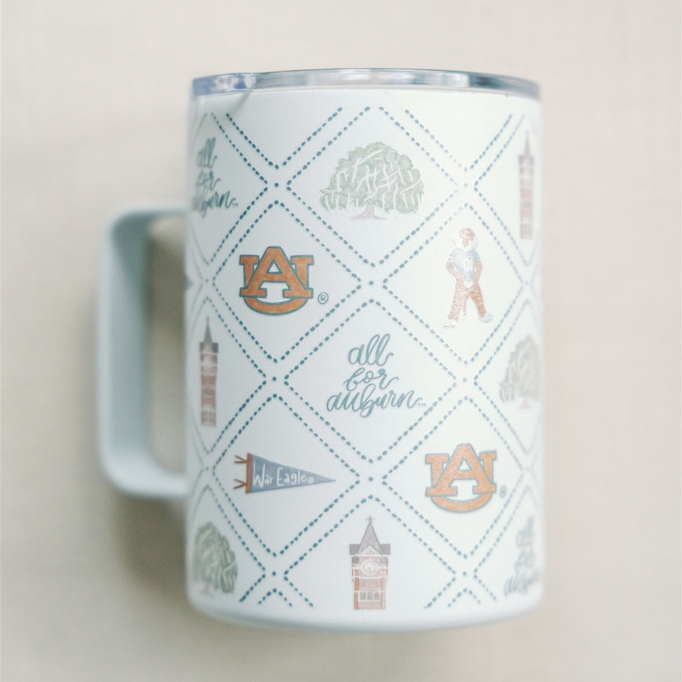 White Insulated Mug with watercolor Auburn University symbols.