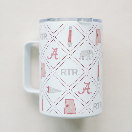 White Insulated Mug with watercolor University of Alabama symbols.