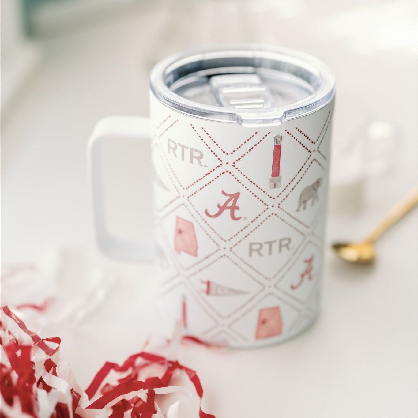 White Insulated Mug with watercolor University of Alabama symbols.