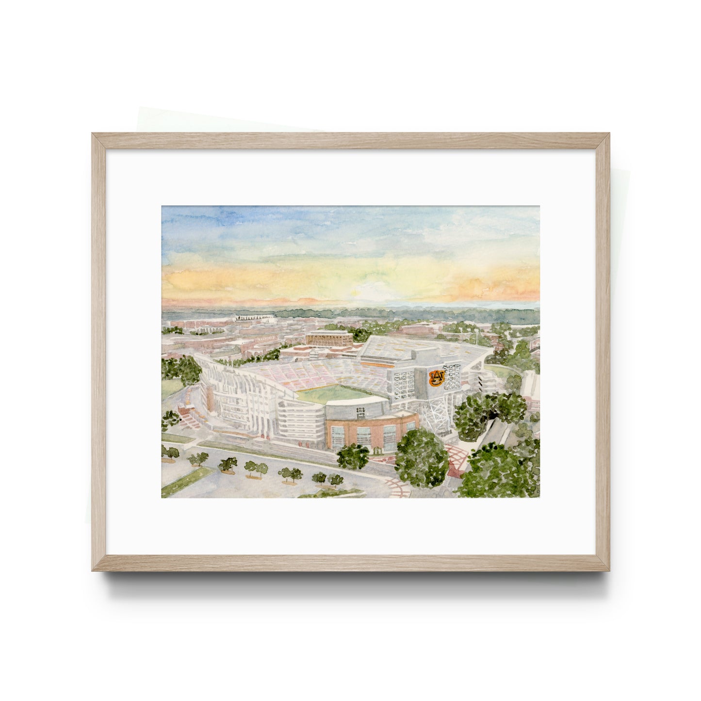 Watercolor print of the Auburn University football stadium, Jordan Hare.