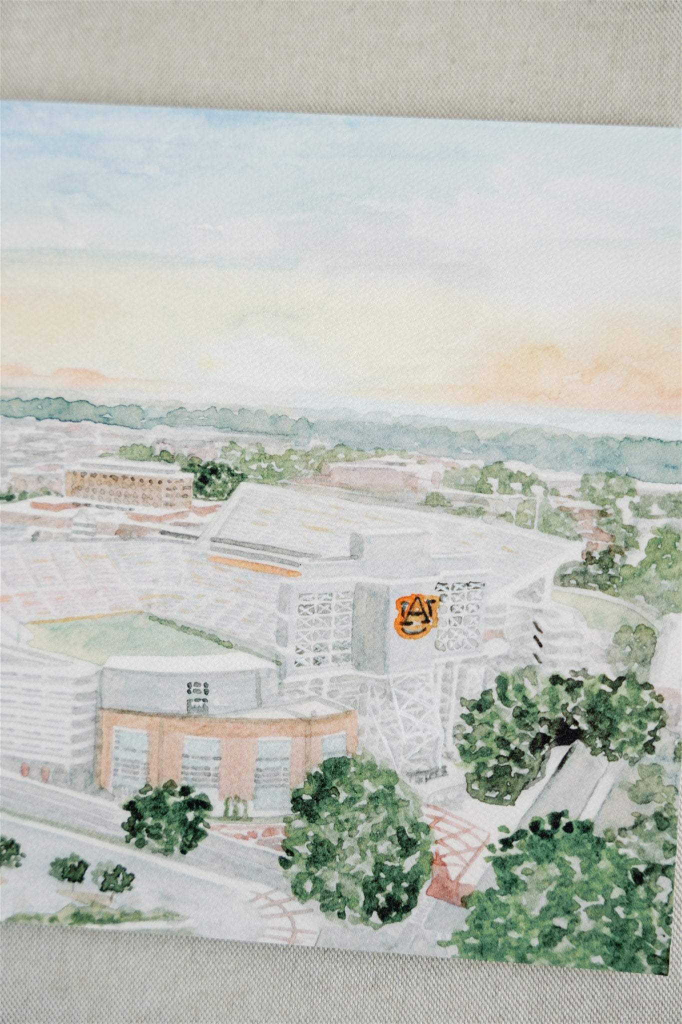 Watercolor print of the Auburn University football stadium, Jordan Hare.