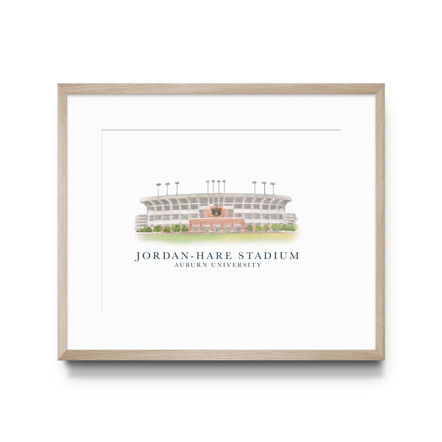 Watercolor illustration of Auburn University's Jordan Hare Stadium.