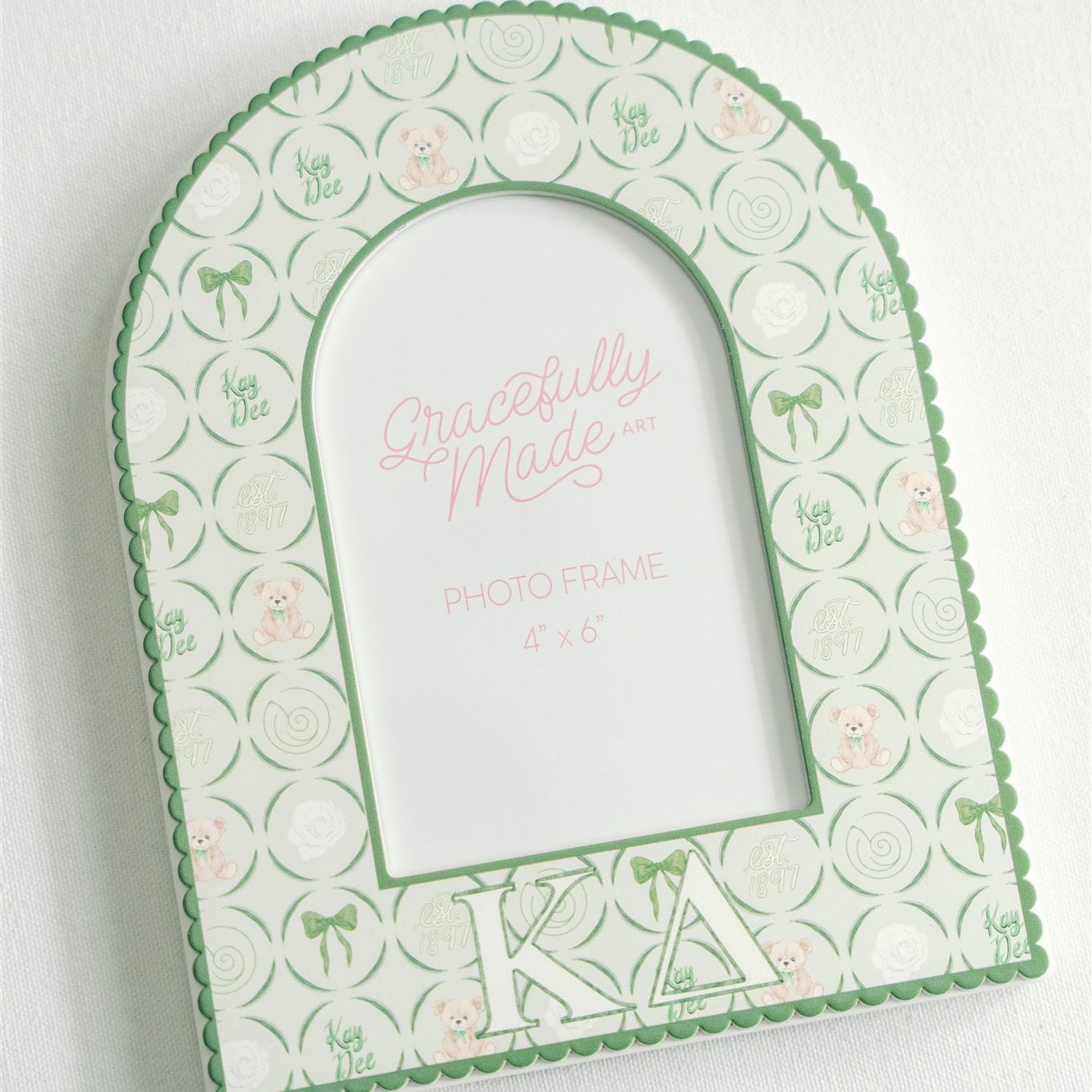 Decorative photo frame with Kappa Delta watercolor patterns and Gracefully Made Art branding on a white background
