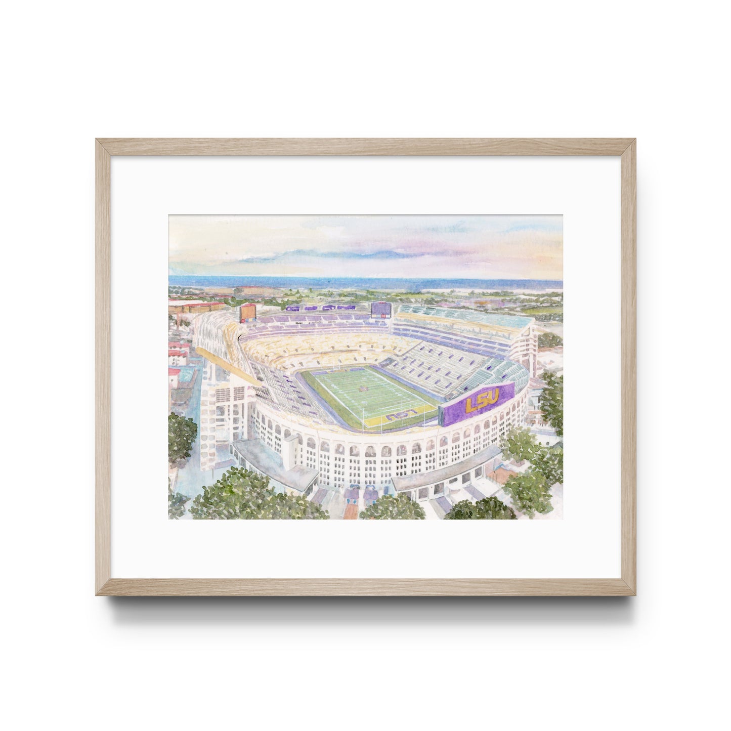 Watercolor art of the LSU Death Valley Stadium.