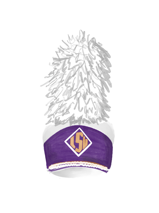 Sticker of watercolor art of an LSU band hat.