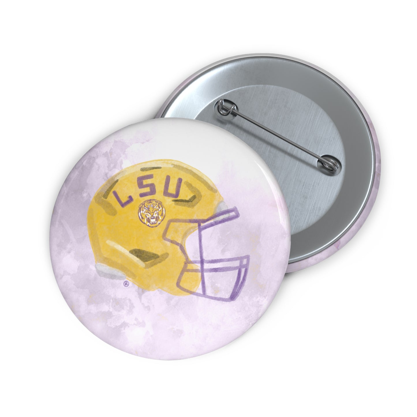 Purple game day button with an LSU Tigers football helmet on it.