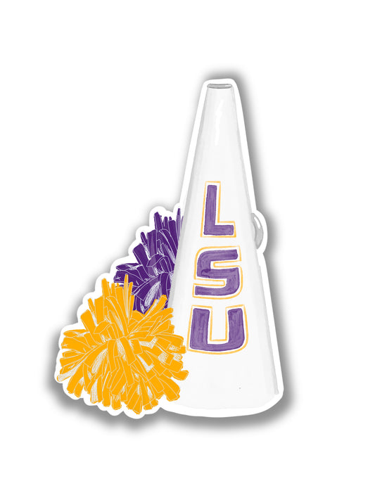 Sticker of a watercolor illustration of the LSU megaphone and a yellow and purple pom pom.