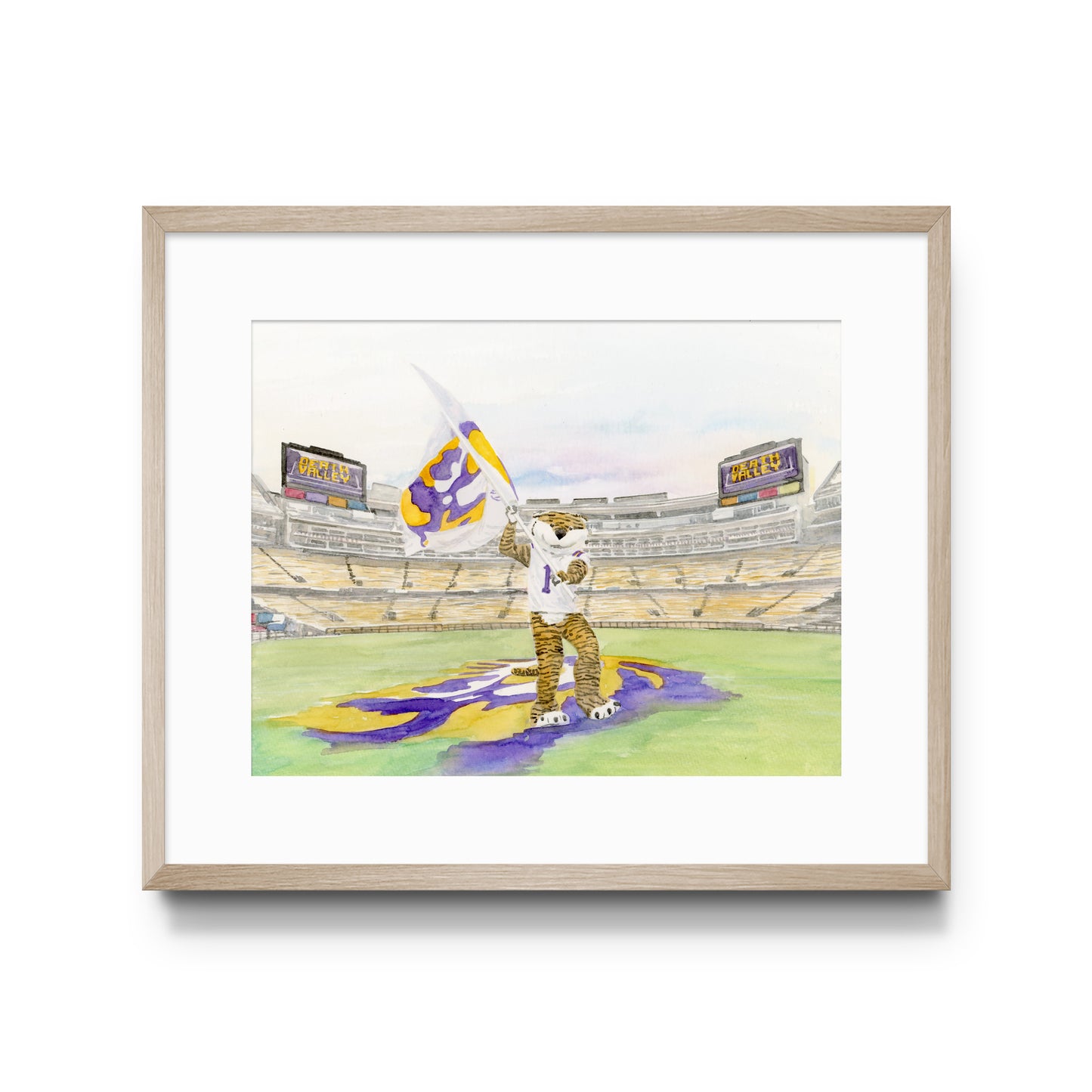 Watercolor art print of the LSU mascot waving a flag on the field in the LSU stadium.