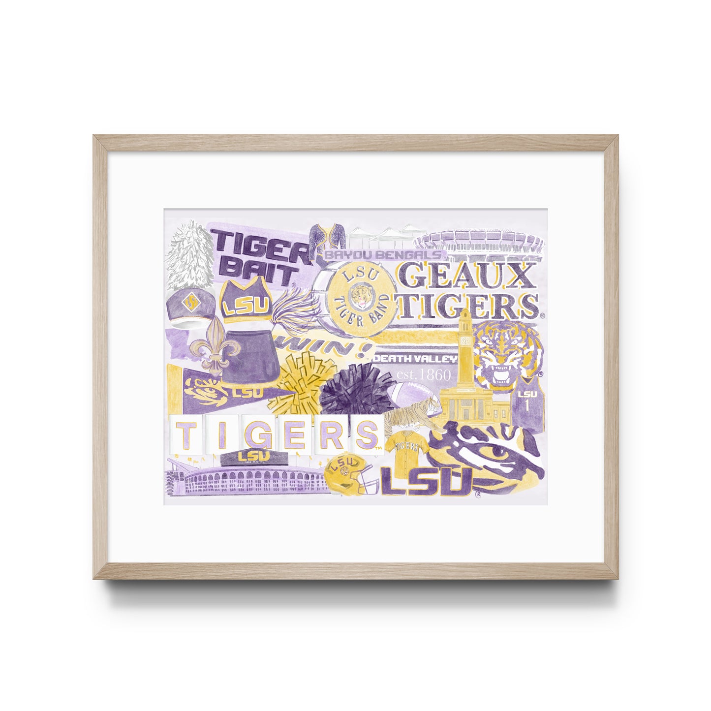 Watercolor art collage of LSU sayings, landmarks, and symbols.