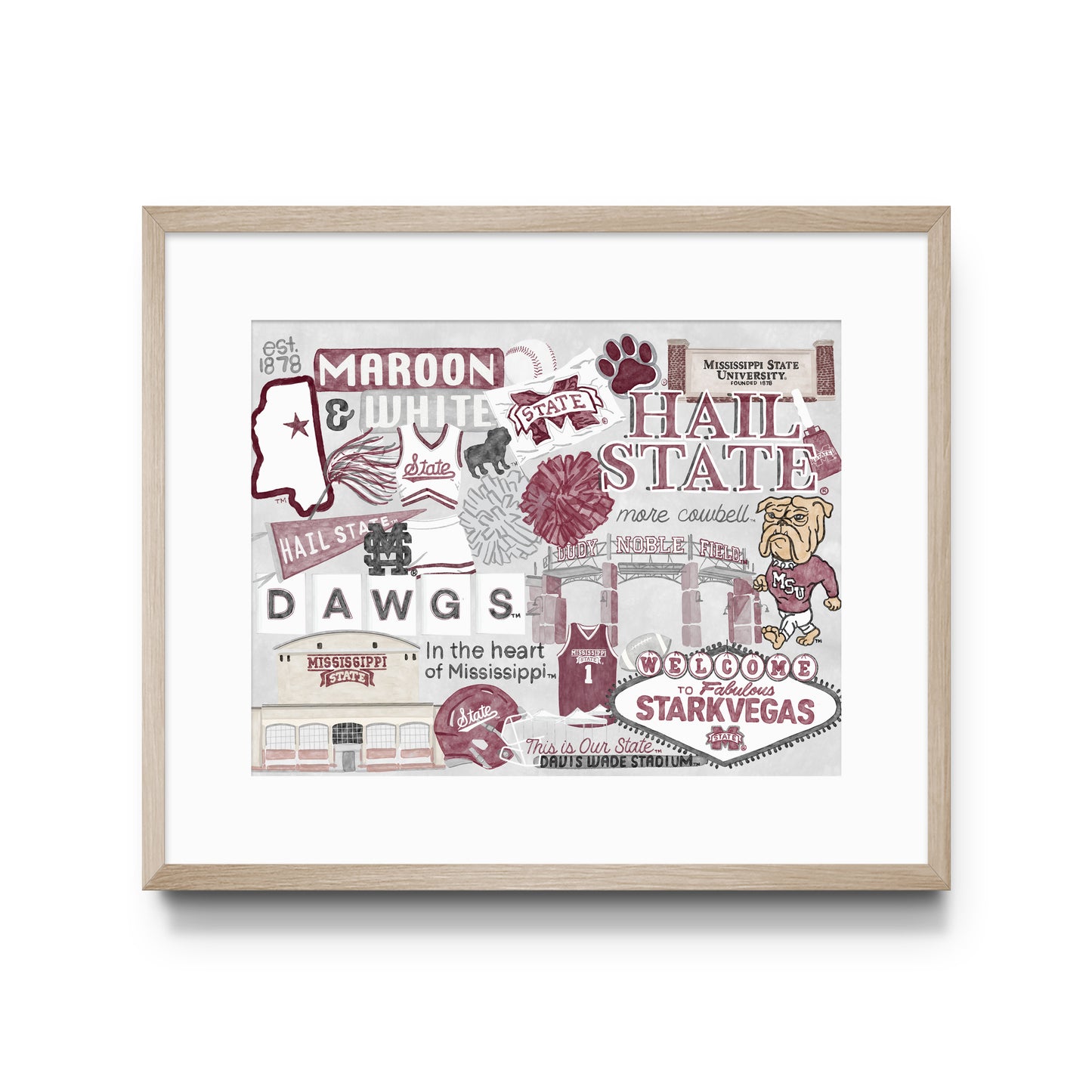 Collage of watercolor Mississippi State symbols.
