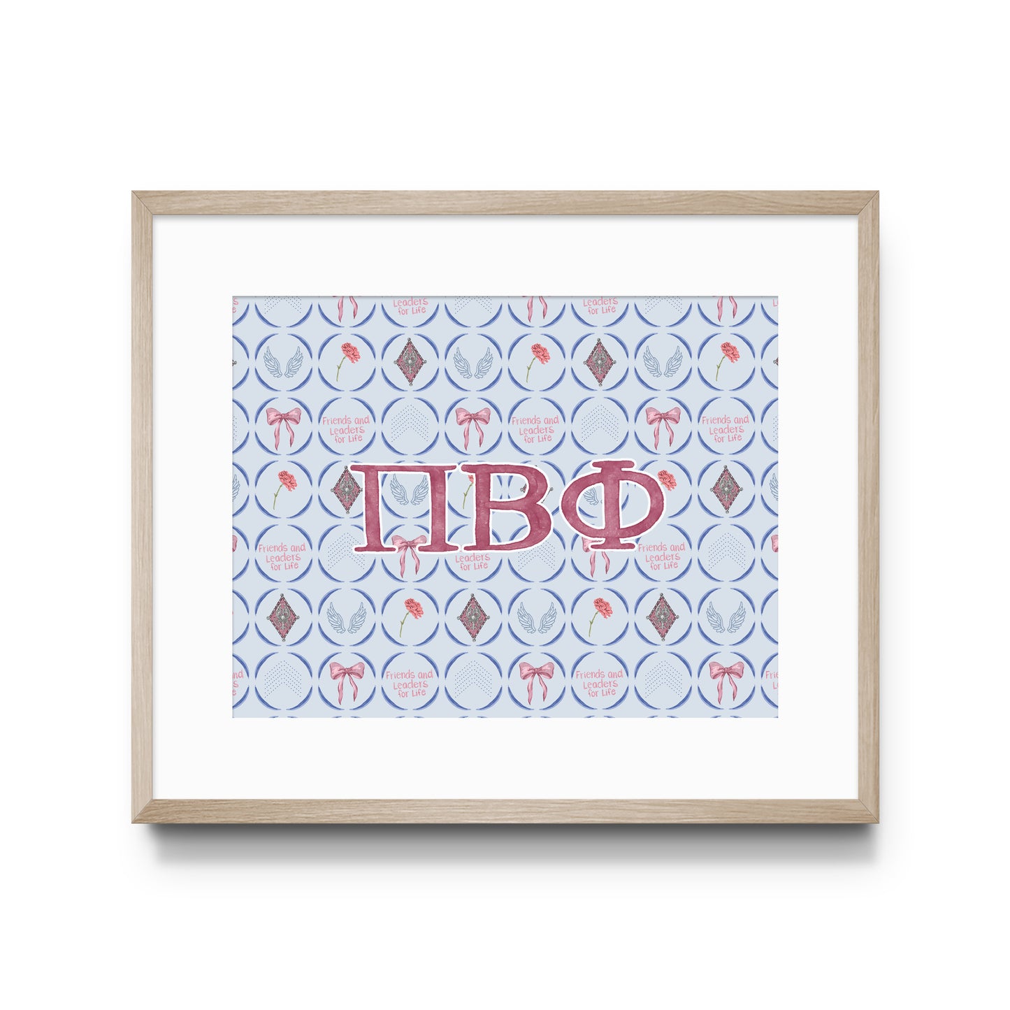 Framed art print with Pi Beta Phi Greek letters on a patterned background