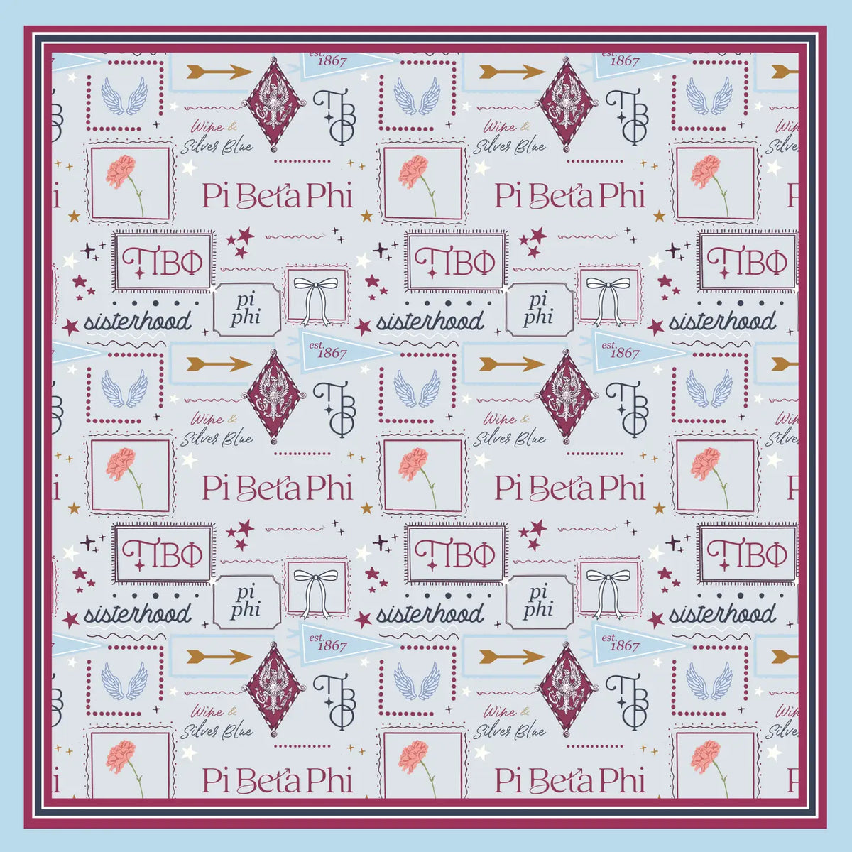 A close up of a silk scarf featuring 'Pi Beta Phi' and 'Sisterhood' motifs, including text, angel wings, stars, and decorative frames, with a maroon, white, and navy border on a light blue background.