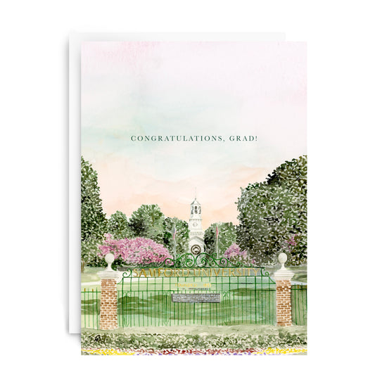 Greeting card with watercolor art of the Samford University sign and "Congratulations Grad" on the front.