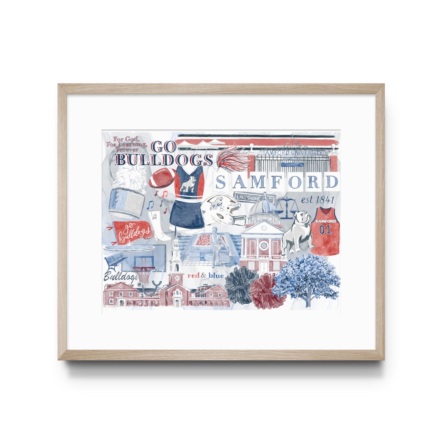 Watercolor art print of a collage of Samford University symbols and landmarks.