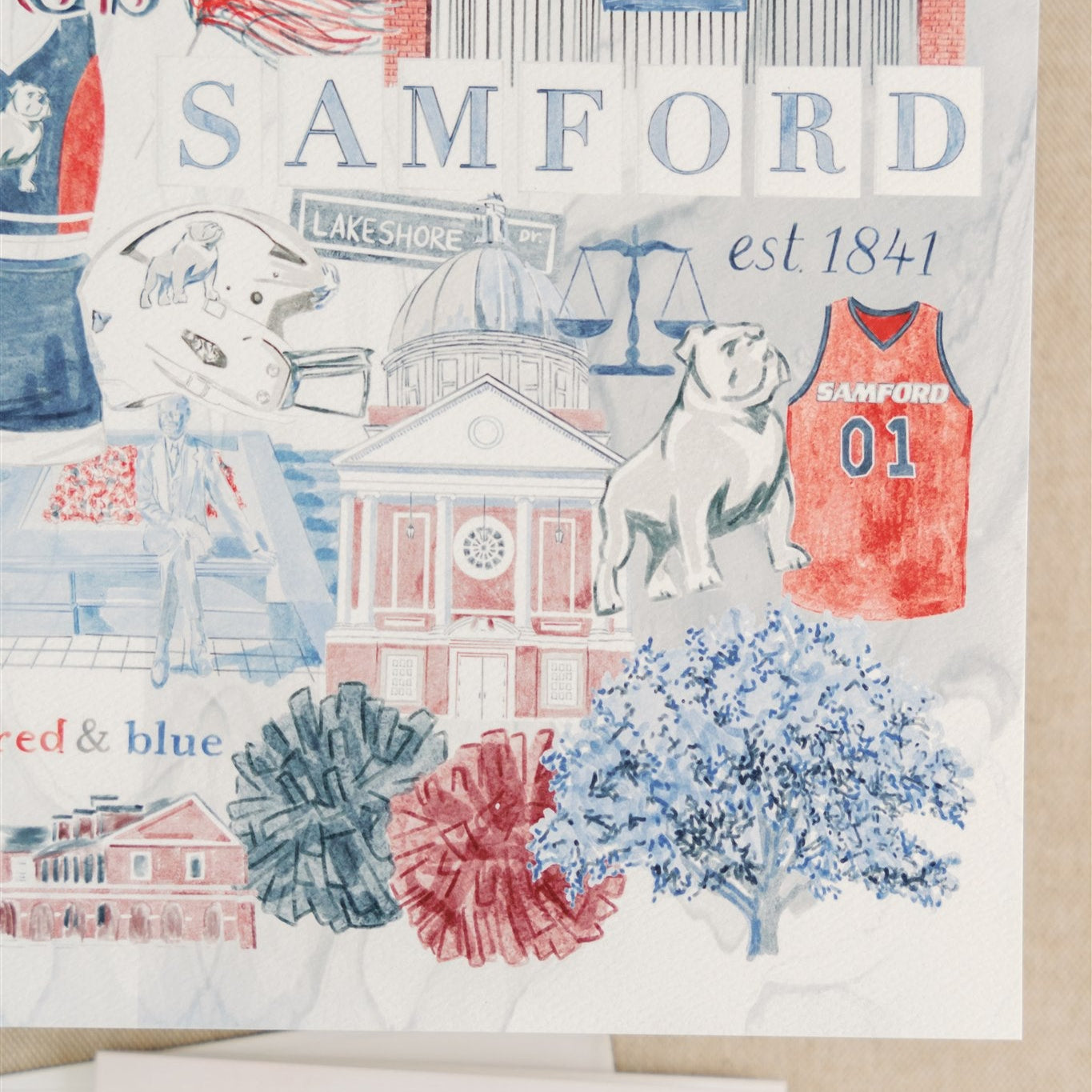 Watercolor art print of a collage of Samford University symbols and landmarks.