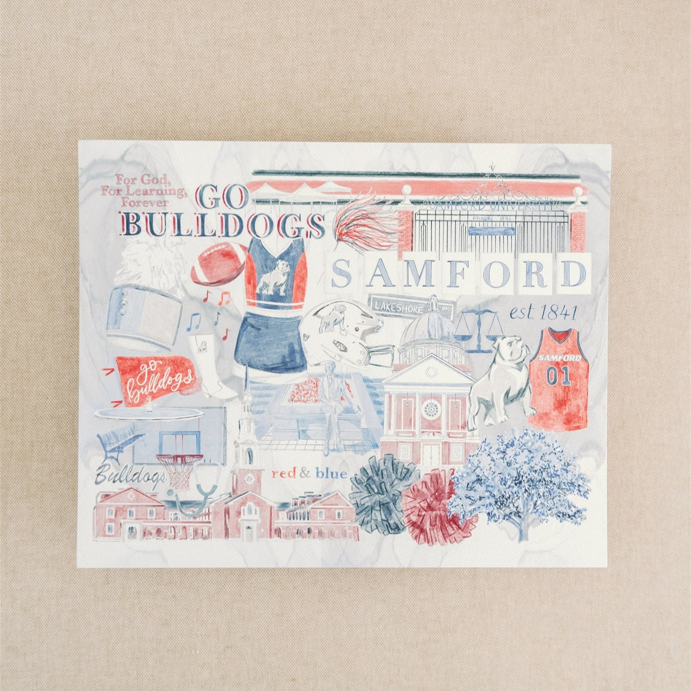 Watercolor art print of a collage of Samford University symbols and landmarks.