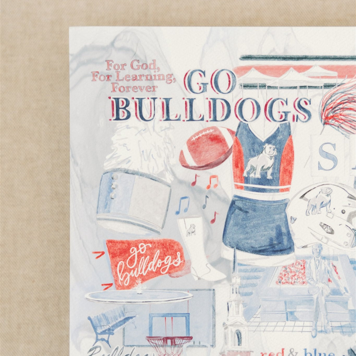 Watercolor art print of a collage of Samford University symbols and landmarks.