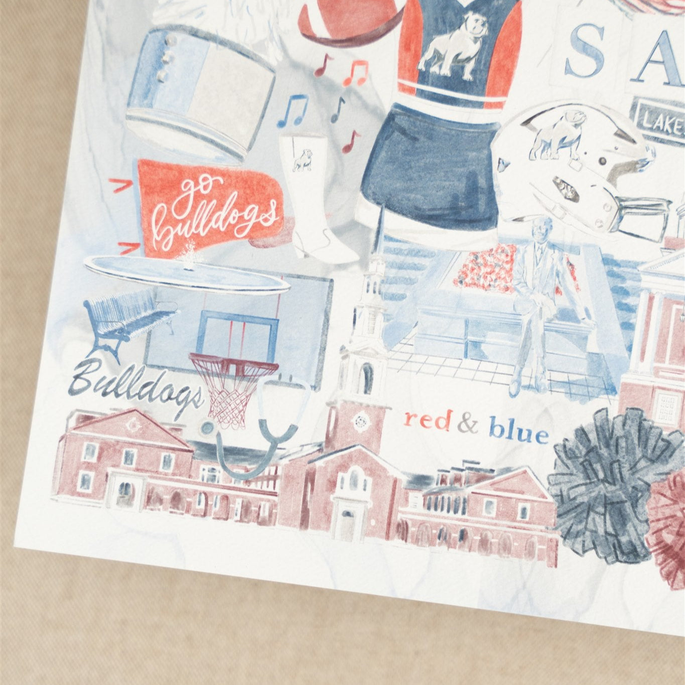 Watercolor art print of a collage of Samford University symbols and landmarks.
