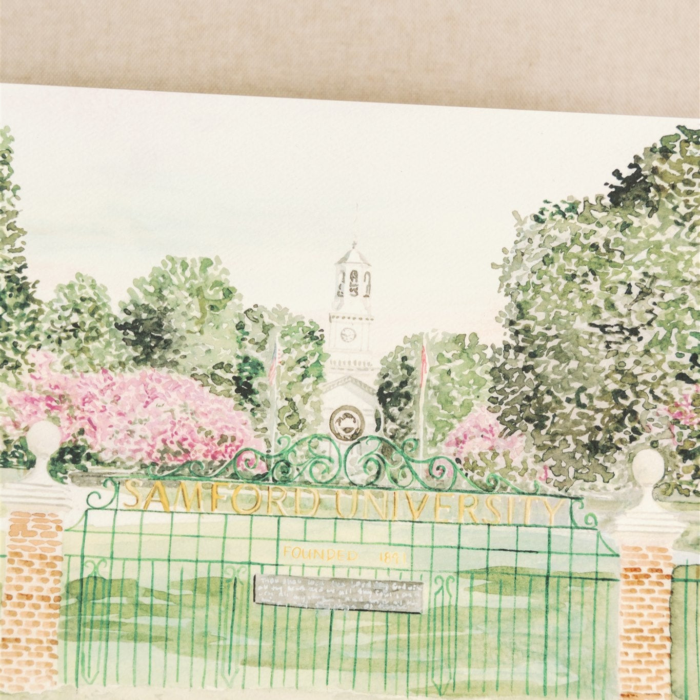 Watercolor art of the Samford University sign.