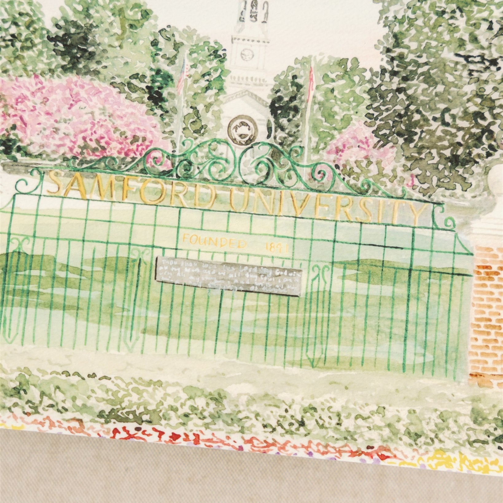 Watercolor art of the Samford University sign.