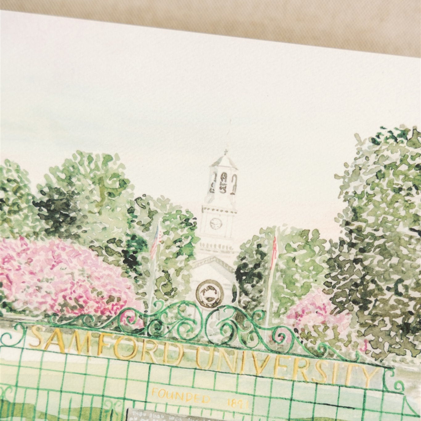 Watercolor art of the Samford University sign.