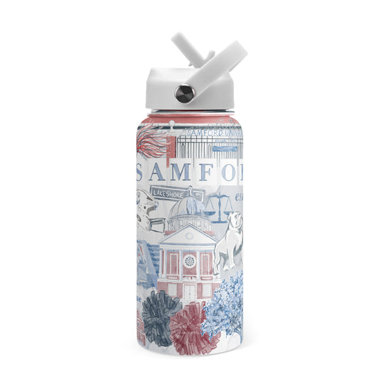 32 ounce water bottle with a white straw lid and pattern of watercolor Samford symbols.